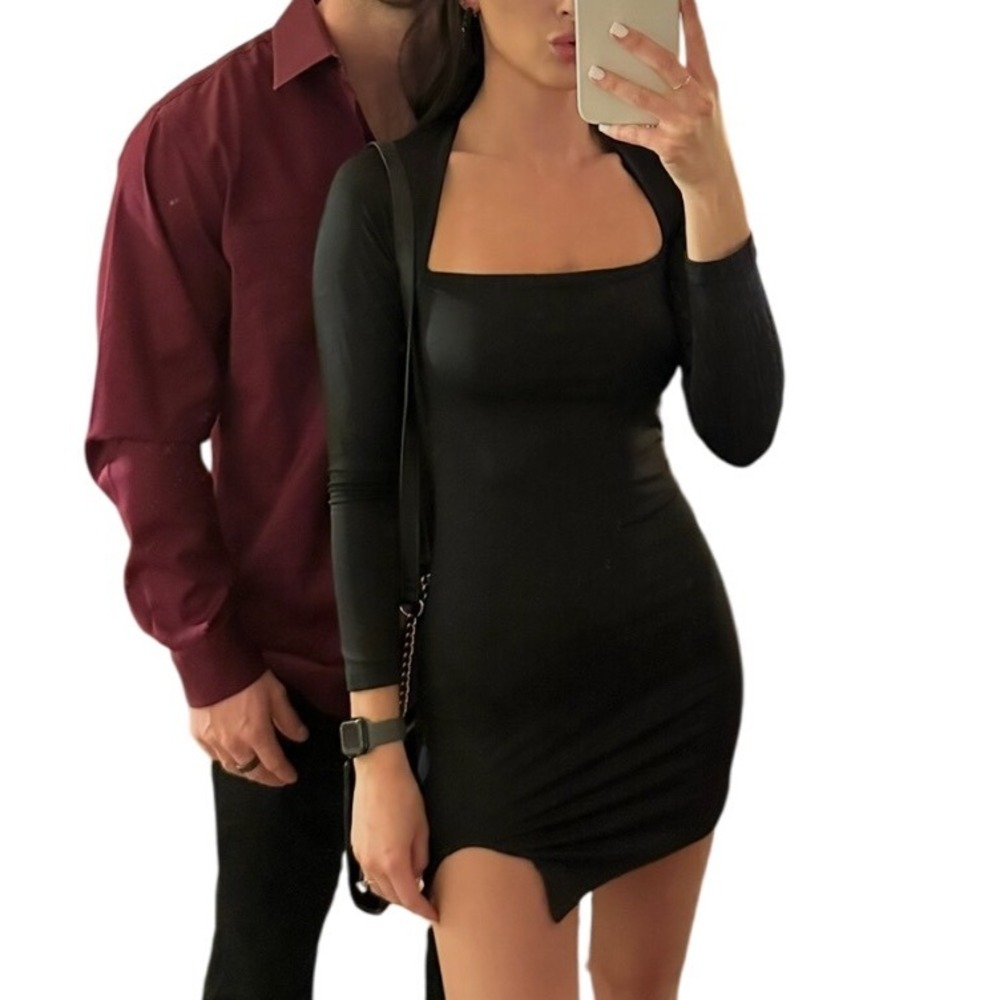 Black Long Sleeve‎ Bodycon Mini Dress Tie Back Cutout Party Cocktail
